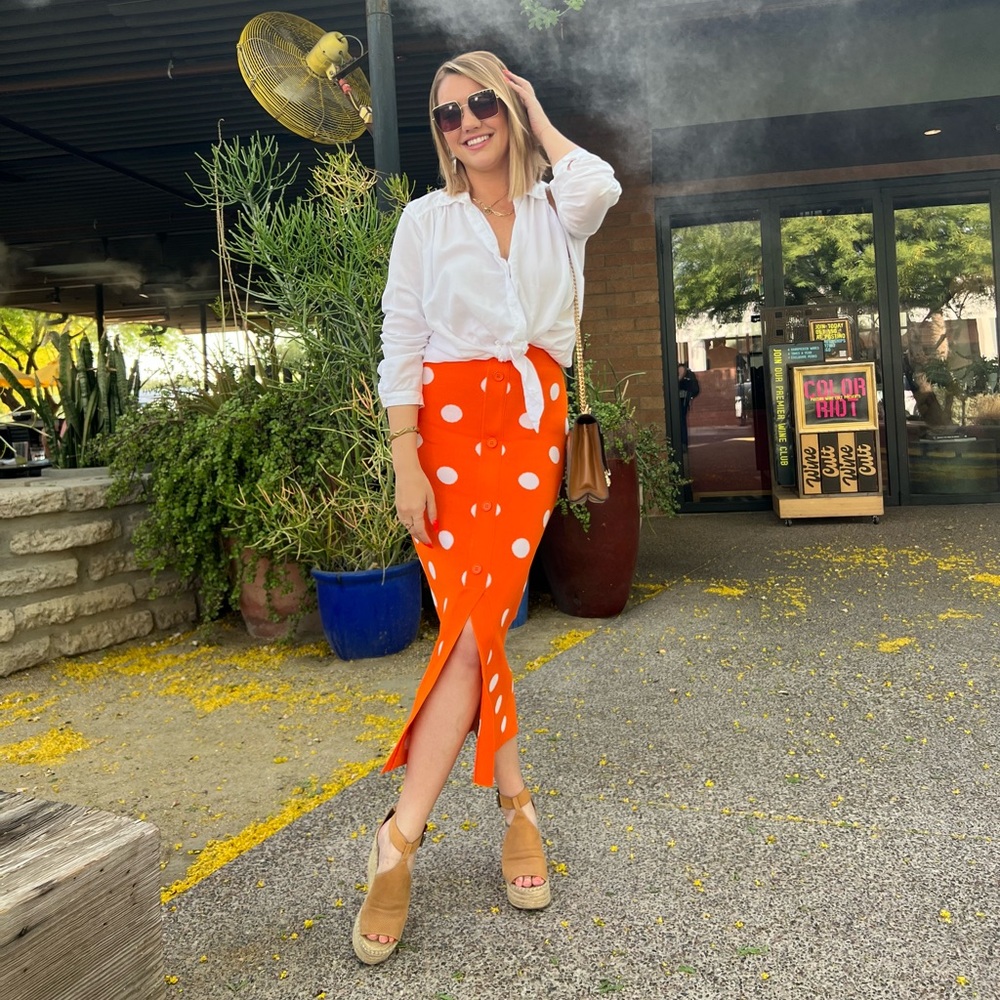 Orange Polka Dot Sweater Midi Skirt